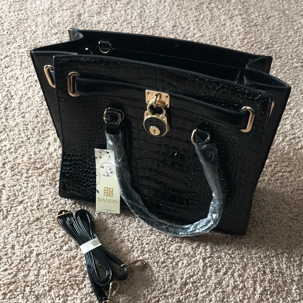 Dasein black crocodile embossed faux patent leather satchel/crossbody handbag